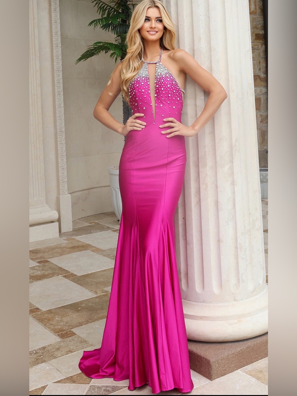 Jovani Fuchsia Halter Mermaid Gown with Crystal Embellished Bodice